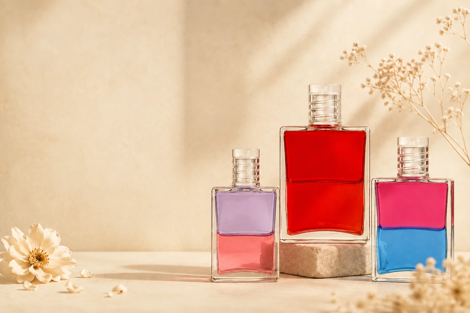 Drei Aura-Soma-Flaschen in Violett-Rosa, Rot und Pink-Blau vor hellem Hintergrund