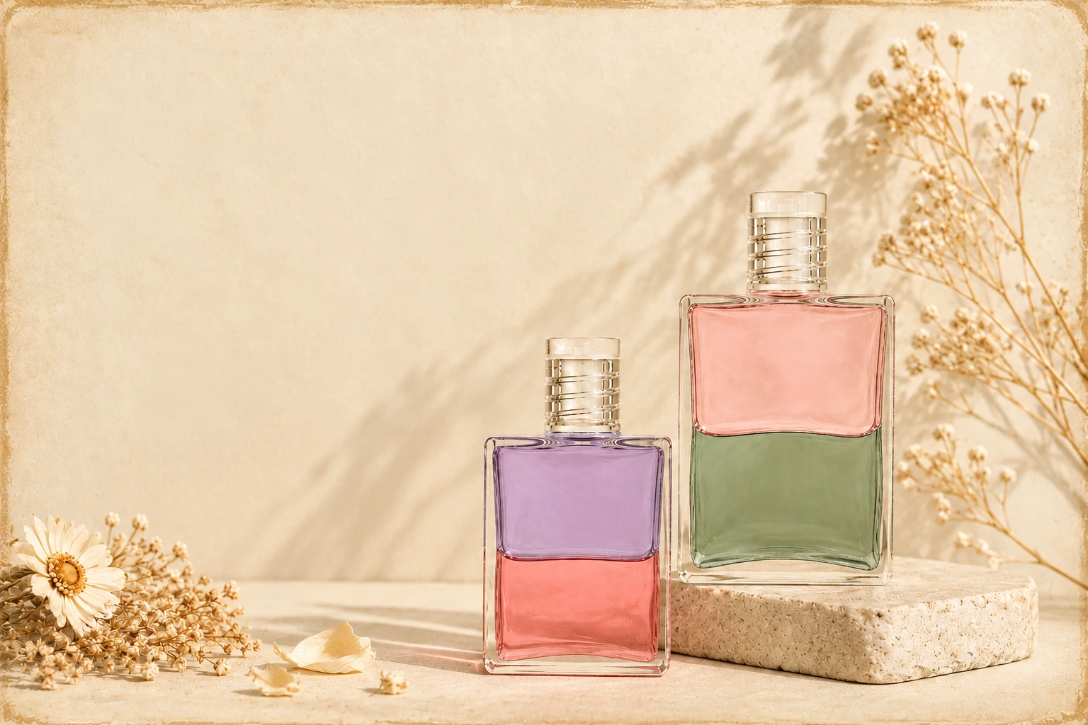 Zwei Aura-Soma-Flaschen in Violett-Rosa und Rosa-Grün auf einem Stein, umgeben von getrockneten Blumen